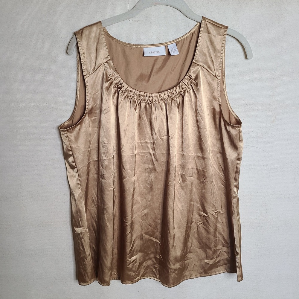 Chico's Gold Sleeveless Top Blouse Ruched Neckline Elegant Party Career Size 2